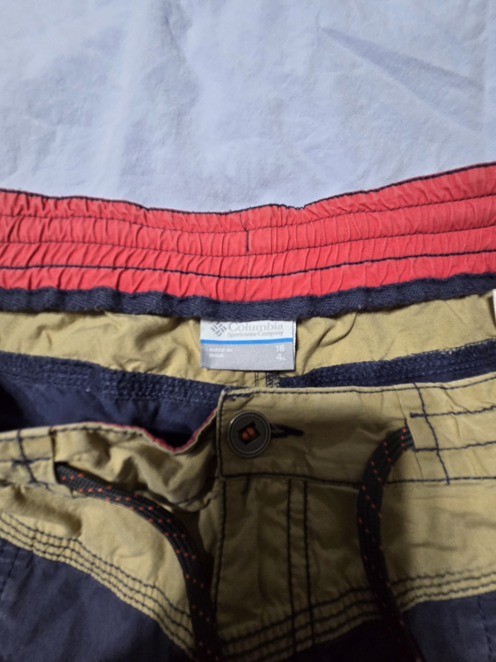 Columbia Two-Tone Outdoor Shorts in Olive & Navy with Red Waistband
